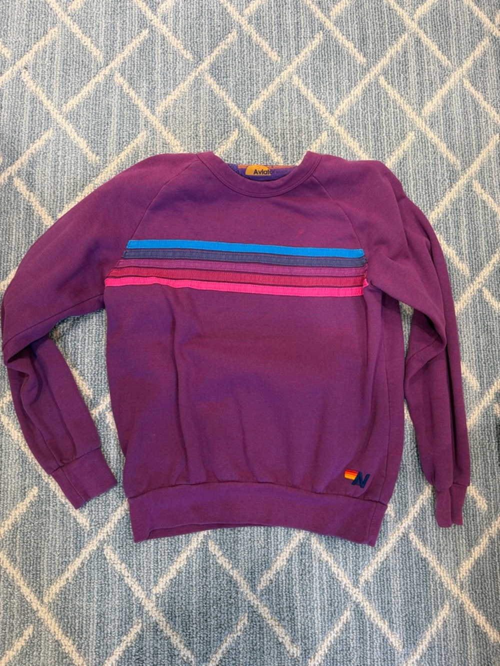 Aviator Nation Purple Crewneck with Blue and Pink Stripes